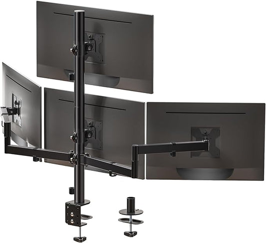 WALI Quad Monitor Mount for 13-27 Inch Screens, Fully Adjustable 4 Monitor Stand with Swivel, Tilt, Rotation, Clamp & Grommet Base Kit, Max Load 22lbs per Screen (M004S), Black