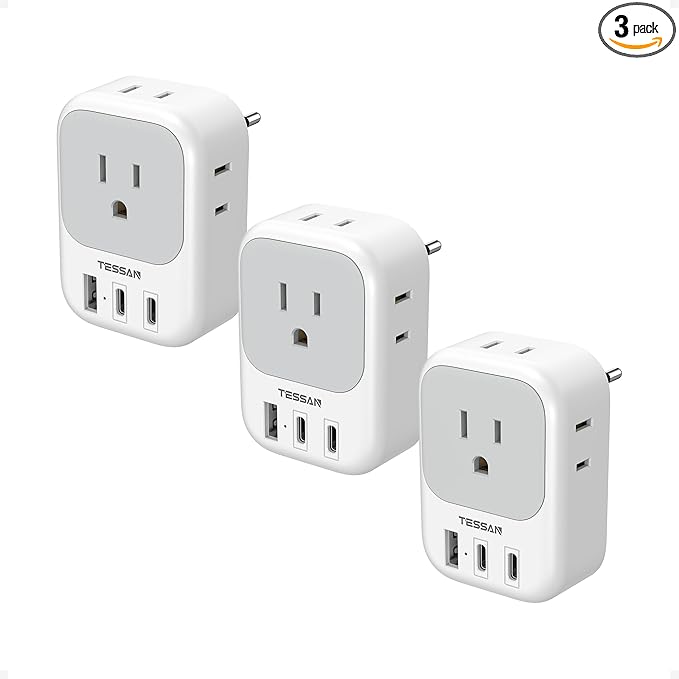 European Travel Plug Adapter 3 Pack, TESSAN Type C Charger Plug with 4 Outlets 3 USB (2 USB-C), US to Europe Plug Adapter for Italy, Spain, France, Portugal, Greece, Iceland, Travel Essentials