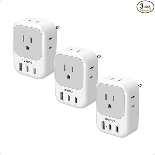 European Travel Plug Adapter 3 Pack, TESSAN Type C Charger Plug with 4 Outlets 3 USB (2 USB-C), US to Europe Plug Adapter for Italy, Spain, France, Portugal, Greece, Iceland, Travel Essentials