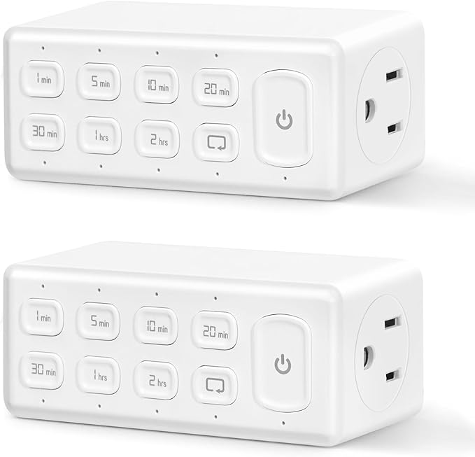 Countdown Timer Dual Outlet, Programmable Electrical Timers Outlets with Repeat Function, Up to 4H for Lights, Fan, Appliance, Electric Bike, 3-Prong, 15A/1875W, ½ HP, 2 Pack