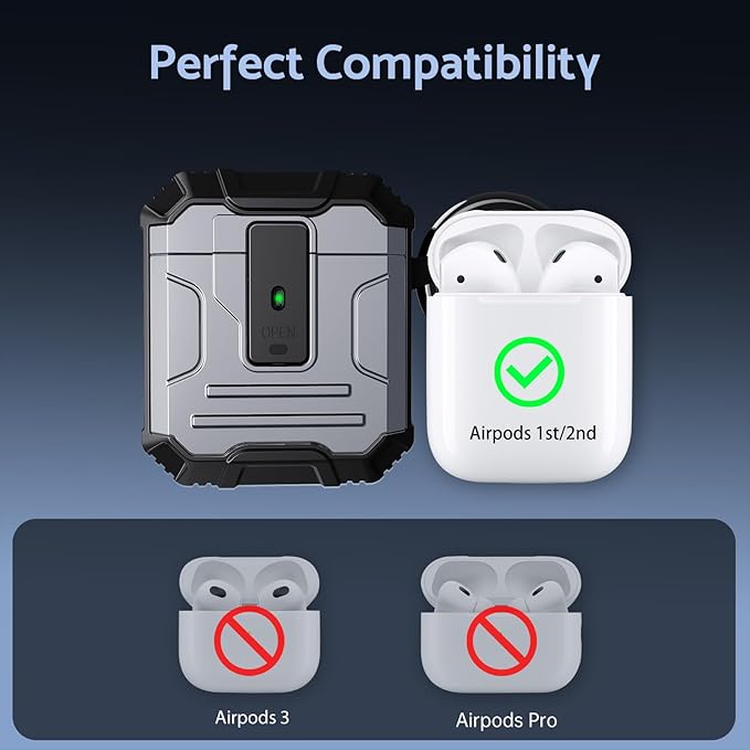 DASFOND Armor Cover AirPods 2nd & 1st Generation Case, Military Grade Full Body Shockproof Protection Hard Case, Support Wireless Charging with Keychain, Magnetic Lid, Front LED Visible, Silver