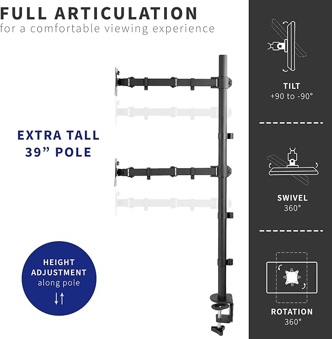 VIVO Extra Tall Vertically Stacked Dual Monitor Desk Mount Stand with 99 cm Stand-up Pole, Fully Adjustable Extended Arms, Fits 2 Screens up to 27 inches, STAND-V012T