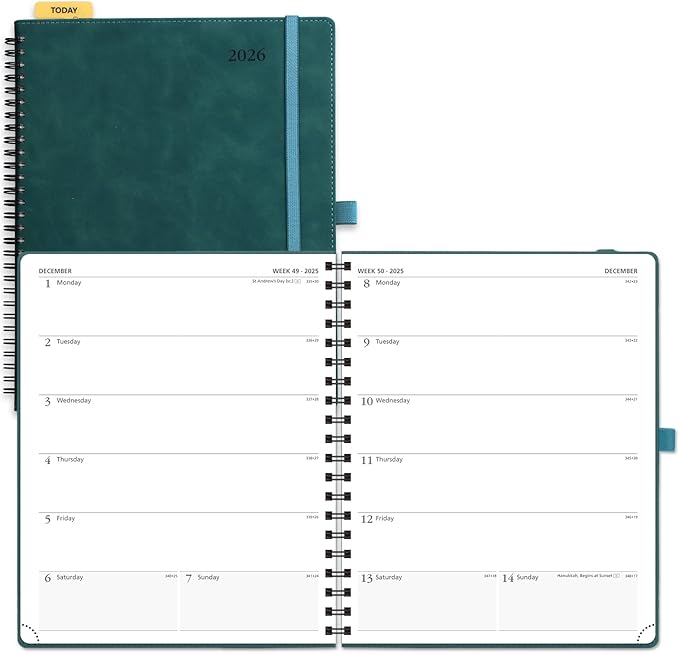 POPRUN 2026 Planner Weekly Notebook Calendar (Jan-Dec), Large Size 8.5'' x 10.5'' - Agenda 2026 Appointment Book with Monthly Tabs, Inner Pocket, Spiral Soft Cover, 100 GSM - Petrol