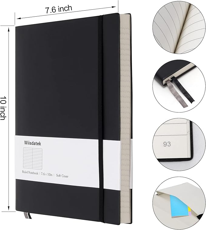 B5 College Ruled Notebooks - 2 Pack B5 Large Journal Notebooks with 376 Numbered Pages,100gsm Thick Lined Paper,Soft PU Leather Cover,7.6 X 10 inch(BLACK)
