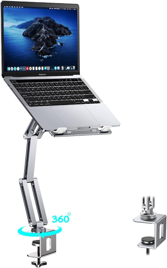 Laptop Mount for Desk, Tablet Arm Mount with 360° Rotating, Aluminum Laptop Tray Adjustable, Foldable Computer Stand/Holder, Fit for 11-17 Inch Laptops (Silver)