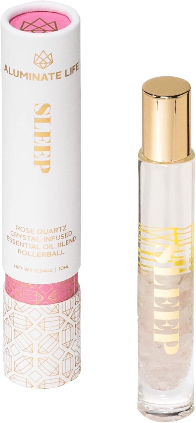 Essential Oil Rollerballs, .34 OZ, Sleep - Rose Quartz Crystal Infused - Scents of Rose, Lavender, and Vanilla - Aromatherapy Roll On, Valentine's Day Gift