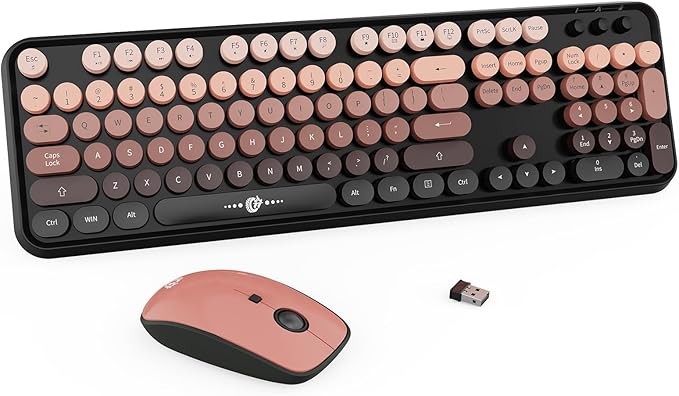 Wireless Keyboard Mouse Combo,104 Round Keys Cute Colorful Keyboard with Retro Typewriter Style,Letton Full Size Keyboard with Number Pad&Mouse with 3 DPI for PC Mac Laptop Computer Windows-Black
