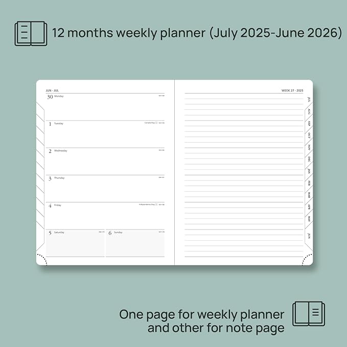 POPRUN Planner 2025-2026 Weekly Notebook (Medium 6.5''x 8.5'') Academic Calendar (JUL.25 - JUN.26) Appointment Book with Monthly Tabs, Leather Soft Cover, Inner Pocket, 100 GSM - Black