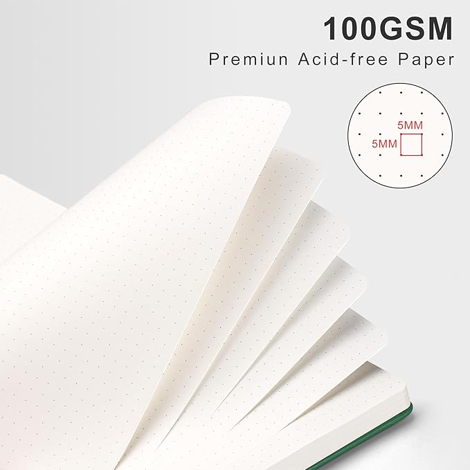 RETTACY Bullet Dotted Journal Notebook, 140 Pages, B5 Medium Size (7.6" × 10"), Leather Hardcover, 100 GSM Thick Paper, Spiral-bound, for Bullet Journaling, Planning, Tracking (Dark Green)