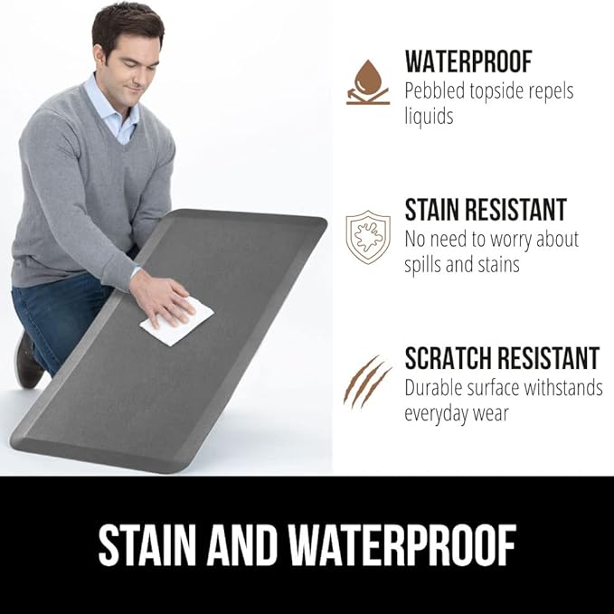 GORILLA GRIP Comfortable Cushioned Kitchen Mats for Floor, 70x24, Waterproof and Stain Resistant Soft Top, 3/4 Inch Thick Ergonomic Standing Desk Anti Fatigue Mat, Foam Supports Ankles and Feet, Gray