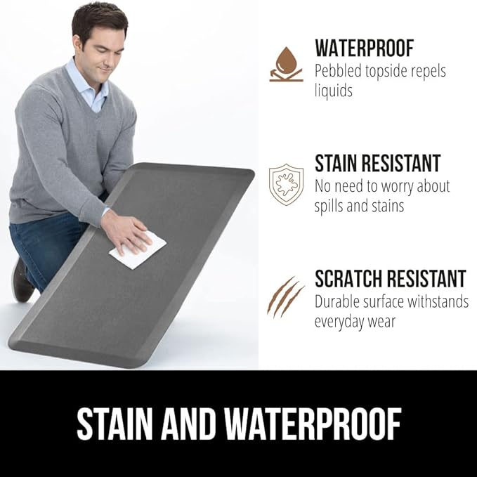 GORILLA GRIP Comfortable Cushioned Kitchen Mats for Floor, 58x20, Waterproof and Stain Resistant Soft Top, 3/4 Inch Thick Ergonomic Standing Desk Anti Fatigue Mat, Foam Supports Ankles and Feet, Grey