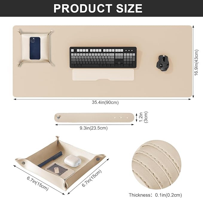 DAWNTREES Dual Sided Desk Mat,Leather Desk Pad,35.5"x17",Cork Desk Mat Protector,with PU Leather Valet Tray Organizer,Large Mouse Pad,Desk Writing Pad for Office and Home(Khaki)
