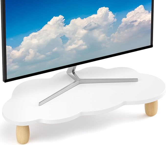 Monitor Stand Riser,Cloud-Shaped Sturdy Wood Computer Monitor Riser, Laptop Monitor Stand, Multi-Purpose Desktop Organizer Riser for Computer, Laptop, Printer, TV,White