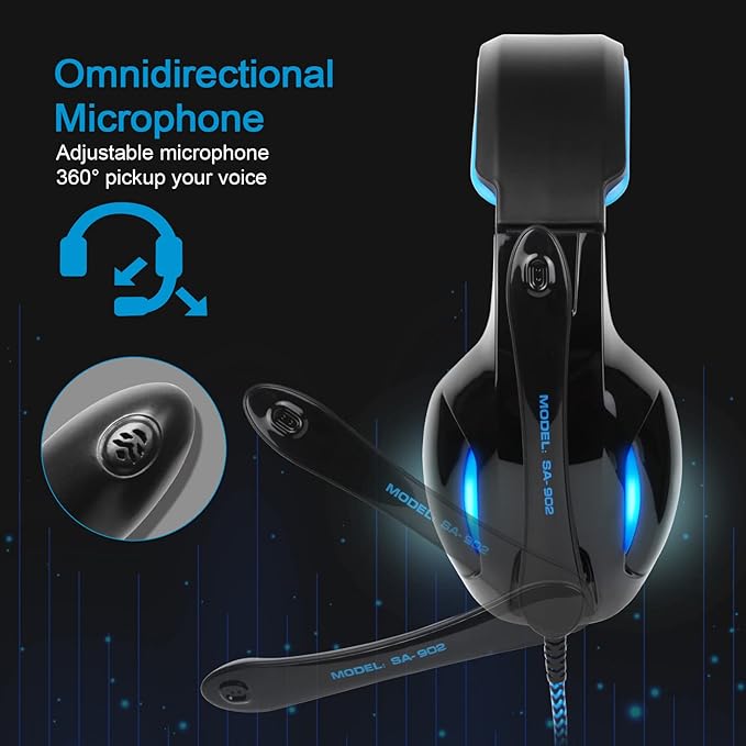 SADES SA902 Stereo Gaming Headset 7.1 USB Surround Sound PC Headsets Over-Ear Gaming Headphones with Microphone LED Light Black Blue