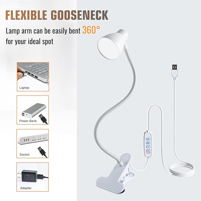 Clamp Desk Lamp, Clip on Reading Light, 3000K-6500K Adjustable Color Temperature, Multiple Illumination Modes, CRI>90, 6Watts (Adapter Not Included)