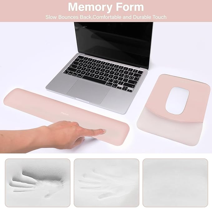 MOSISO Wrist Rest Support for Mouse Pad&Keyboard Set, Rectangular Ergonomic Mousepad Non-Slip Base Home/Office Pain Relief&Easy Typing Pad with Neoprene Cloth&Raised Curved Memory Foam, Baby Pink