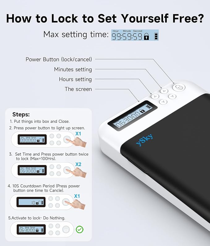 ySky Timed Phone Lock Box for iPhone and 6.7inch Phones, Portable Phone Jail Locker Box with Timer Prevent Phone Addiction | Unplug from Phones, Video Games, Social Media to Achieve Goals(Black)