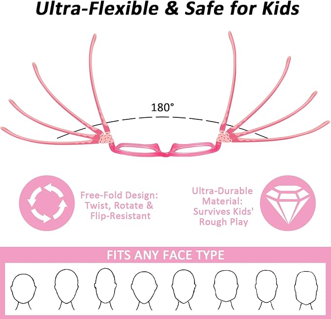 BiBiBear Toddler/Kids/Teens Glasses - Unbreakable TR90 Frame, 180° Flexible, Lightweight & Safe Glasses for Kids Age 2-15