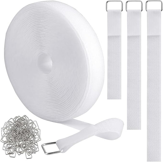 1"x16ft Hook and Loop Straps with 25 Metal Buckles, Adjustable Fastening Cable Straps, Cut-to-Length Cinch Strap, Reusable Nylon Securing Cord Ties for Organizer or Storage, 1 inch Wide, White