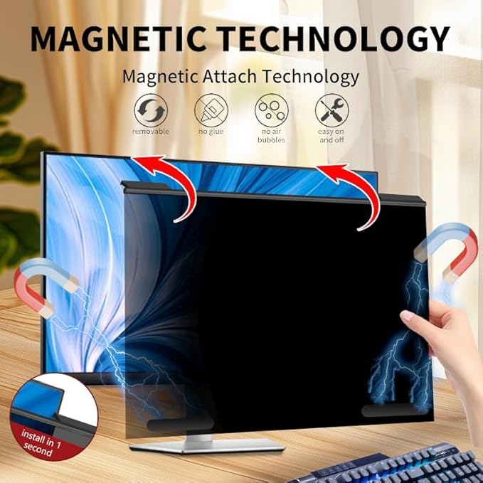 Magnetic Hanging Computer Privacy Screen Filter for 22 Inch, Removable Aluminum Alloy Privacy Shield for 16:9 Widescreen Monitor, Eye Protection Blue Light Filter