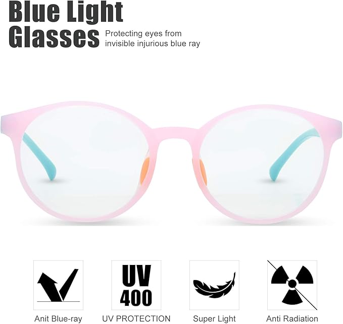Kids Blue Light Blocking Glasses Silicone Flexible TR-90 Frame, Computer Gaming TV Phone Glasses for Boys Girls Age 3-14 (3-12 yr-Old, B0303 Pink, Blue)