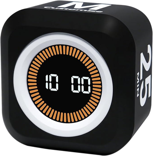 Rotating Cube Visual Timer 5, 25, 10 50 Minutes Preset + Custom Countdown, Rechargeable Desk Productivity Flip Timer with Detachable Silicone Cover for ADHD Study Work Kitchen School (Black)