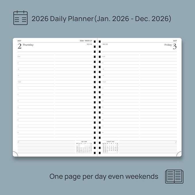 POPRUN 2026 Daily Planner One Page A Day - [A4 Large Size 8.25" x 12" -Spiral Hard Cover], Agenda 2026 Hourly Appointment Book with Monthly Calendar, Pen Holder, Ivory Paper -Midnight Green