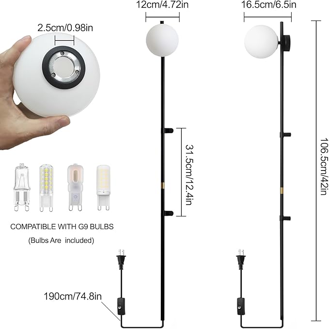 Long Wall Sconces Set of Two, Plug in Wall Sconces Globe Shade Indoor Wall Light, Wall Mounted Lamp with Plug in Switch, Wall Lamp for Bedroom Living Room Study Hallway Bedside Corner
