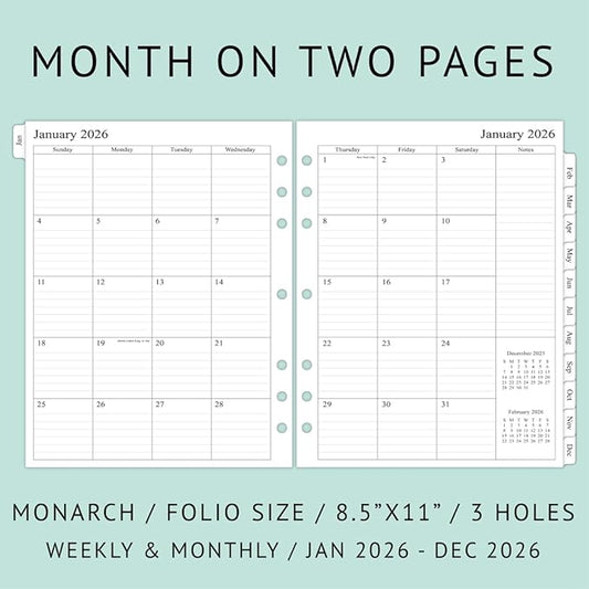 newestor 2026 Weekly Planner Refills for 3-Ring Binder with Monthly Tabs, Two Pages Per Week, 8-1/2" x 11", Folio Size 5 / Monarch