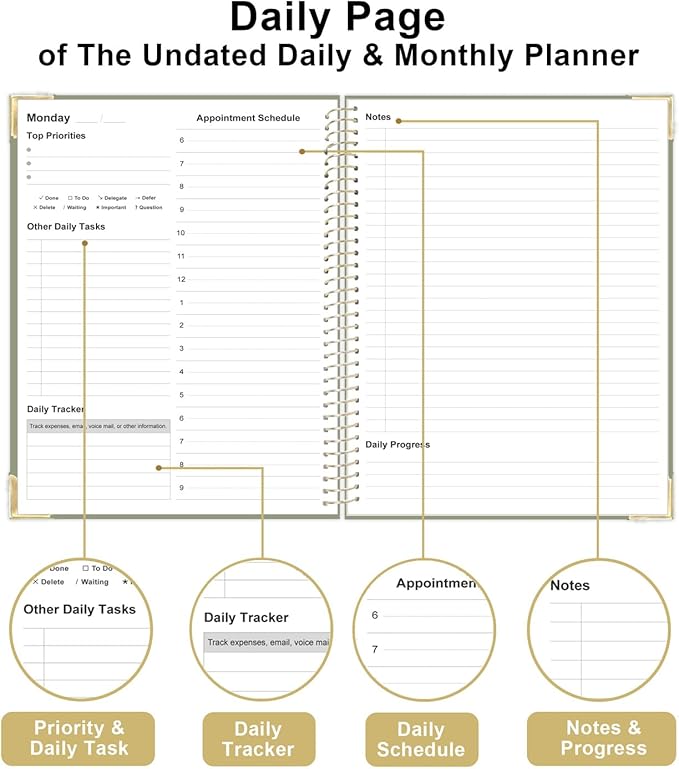 Undated Daily Monthly Planner for 2025 2026 - A4 To Do List with Hourly Schedule, Hardcover Spiral Bound Daily Planner to Increase Focus, Stylish School/Office Supplies, 8.5" x 11", Green