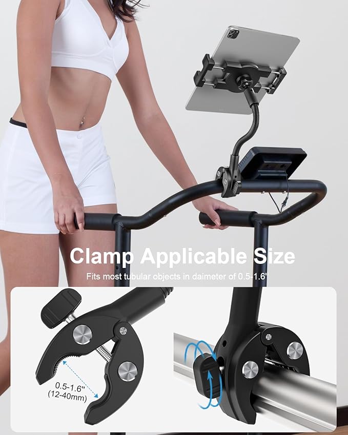 woleyi Gooseneck Treadmill Tablet Holder, Exercise Bike Handlebar Clamp for Spin Bike Peloton, Indoor Stationary Bicycle, Elliptical, Stroller for 4.7-13" iPad Pro Air Mini, Phone, Galaxy, Fire, Ebook