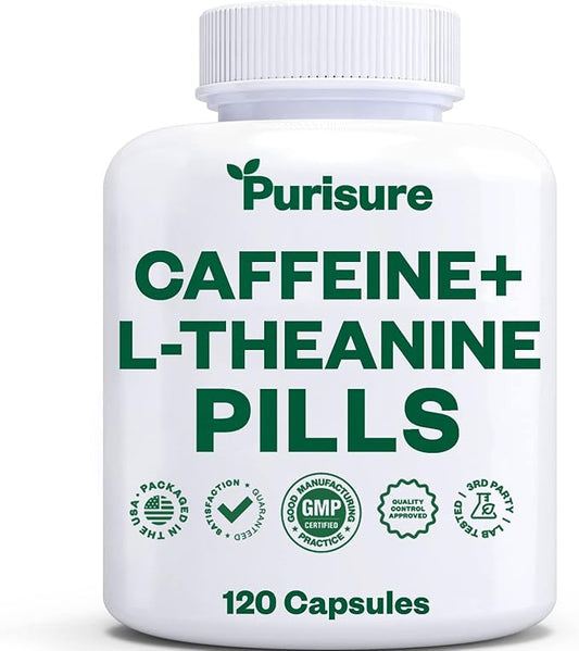 Caffeine Theanine Capsules, Caffeine Pills 100mg L Theanine for Pre Workout, Energy, and Clarity, Energy Pills for Fatigue, Nootropic Supplement, 120 Day Supply