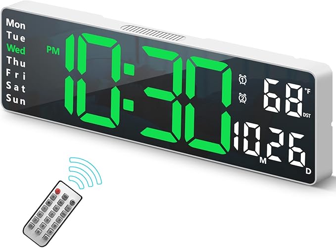 Digital Clock, Digital Wall Clock for Living Room Decor, Desk Alarm Clock for Bedroom, Large Wall Clock with Remote Control, Automatic Brightness Dimmer LED Clock with Date Temperature Week (Green-W)