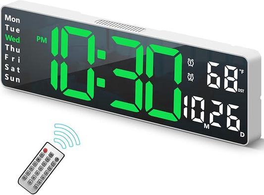 Digital Clock, Digital Wall Clock for Living Room Decor, Desk Alarm Clock for Bedroom, Large Wall Clock with Remote Control, Automatic Brightness Dimmer LED Clock with Date Temperature Week (Green-W)