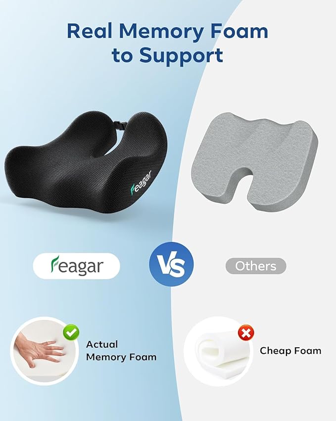 Feagar Sciatica & Tailbone Pain Relief Seat Cushion - Extra Thick Memory Foam Office Chair Cushion with Non-Slip Bottom, Coccyx Cushion for Desk Chair, Wheelchair, Truck Drivers
