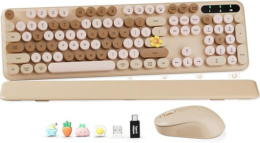 Wireless Keyboard and Mouse Combo, Round Keycaps, Full-Size Retro Typewriter Keyboard with Detachable Wrist Rest, Sleep Mode & Tilt Legs, 2.4GHz Cordless Connection for Mac/Windows/PC (Latte)