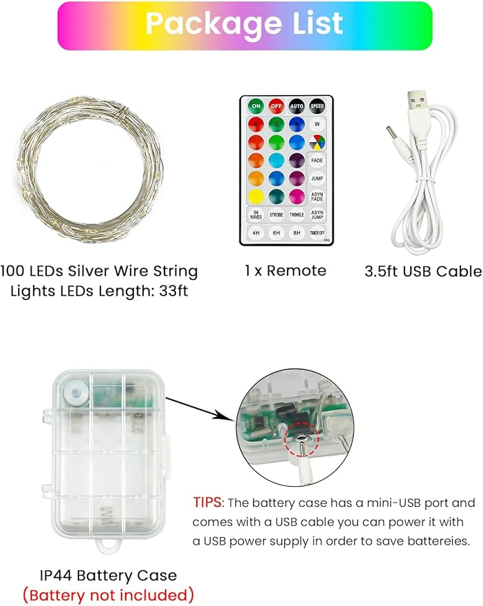 RGB Color Changing 33Ft 100LED Easter Fairy Lights Battery Operated, Waterproof String Lights USB Powered with Timer for Indoor & Outdoor,16 Colors and Multicolor for Girl's Bedroom Christmas Decor