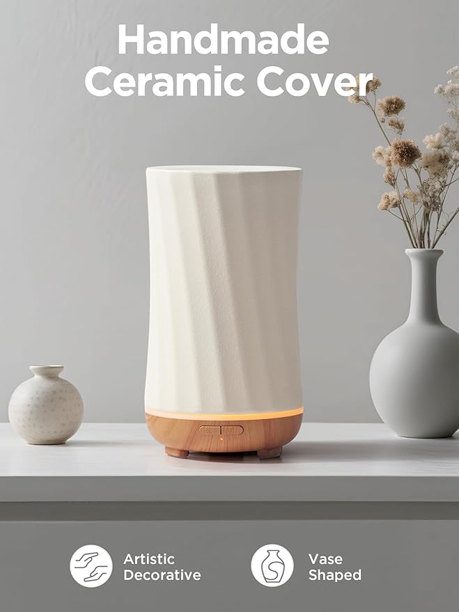 InnoGear 150ml Ceramic Oil Diffuser, Handcrafted Stone Essential Oil Diffuser Aromatherapy Diffusers Ultrasonic Cool Mist Humidifier Vaporizor with 2 Mist Modes for Room Home, White Twist Ceramic