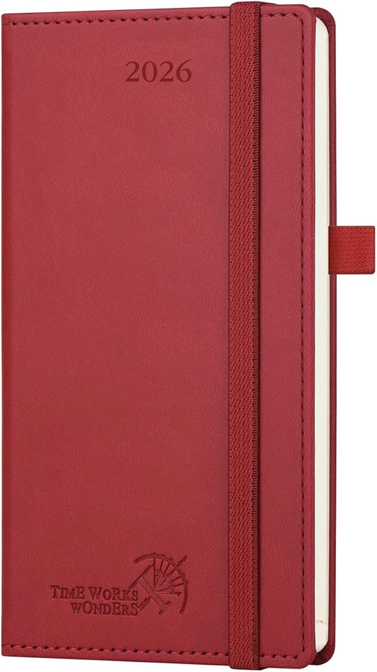 POPRUN Pocket Calendar 2026 (Slim Size-3.5'' x 6.5''), 12 Months (Jan. - Dec. 2026) Small Planner Weekly and Monthly for Purse with Pen Holder, Storage Pocket, Vegan Leather Hardcover - Burgundy Red