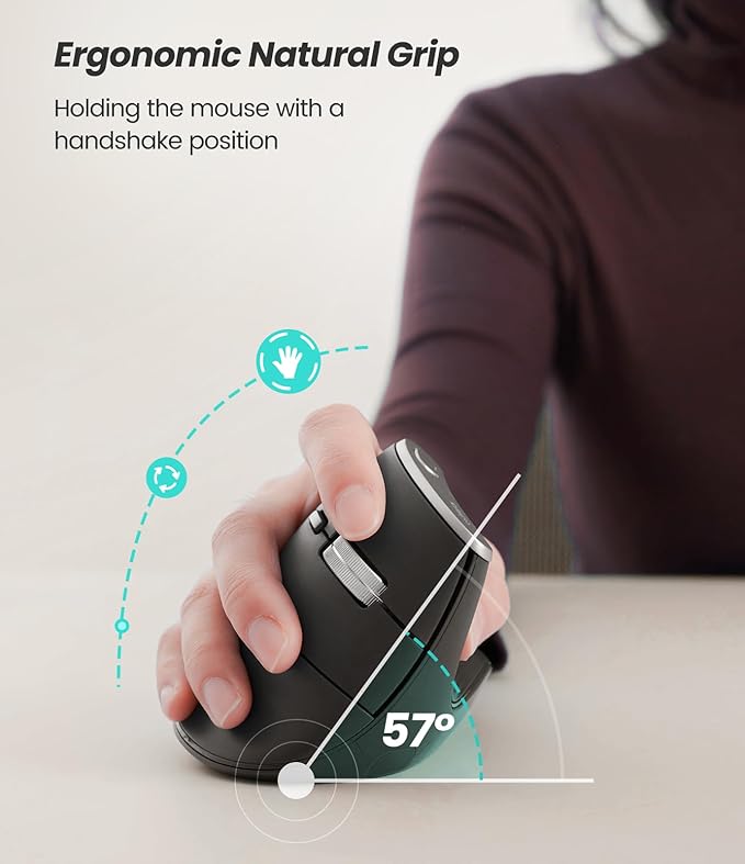 Nulea M510 Vertical Mouse Wireless, Ergonomic Mouse for Comfy Tracking, 3 Adjustable DPI (800-1200-1600), 2.4G Wireless Vertical Mouse with 6 Buttons, Compatible with Windows, Mac OS, Laptop, PC, Grey