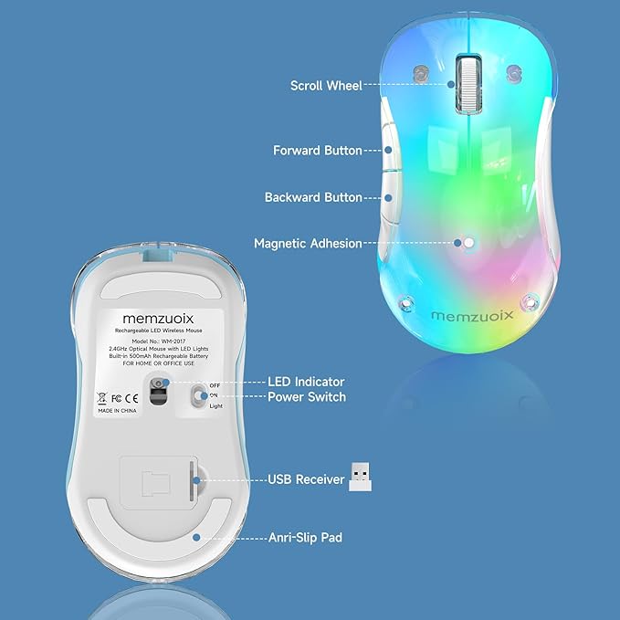 memzuoix 2.4G Wireless Mouse with Customizable Cover & 9-Color LED - Rechargeable Ergonomic, 1200 DPI, 5 Buttons, USB Receiver for PC/Mac - Blue