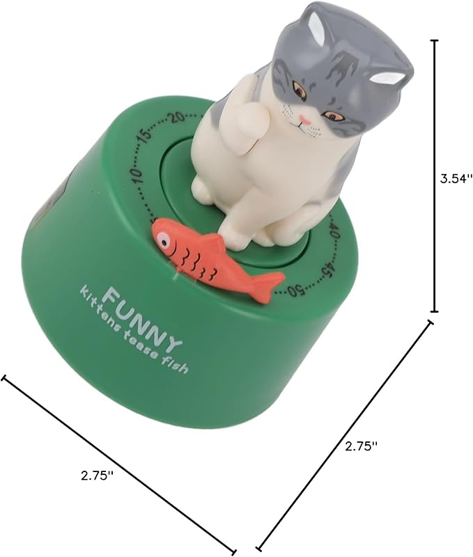 Mechanical Countdown Timer, 60 Minutes Mechanical Kitchen Timer Eco Friendly Loud Alarm Magnetic Base Cute Animal Shape for Kitchen (Kitten with Green Base)
