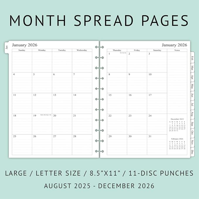 newestor 2025-2026 Monthly Planner Refill for 11-Discbound Notebooks, Aug 2025 to Dec 2026, Two Pages Per Month, Letter Size, 8-1/2" x 11"