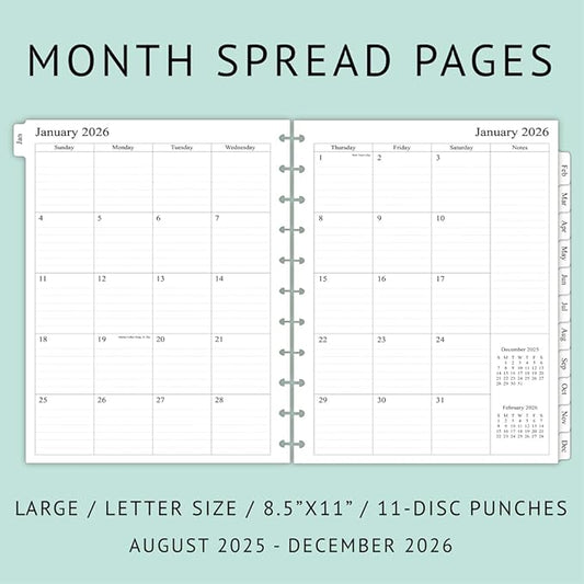 newestor 2025-2026 Monthly Planner Refill for 11-Discbound Notebooks, Aug 2025 to Dec 2026, Two Pages Per Month, Letter Size, 8-1/2" x 11"