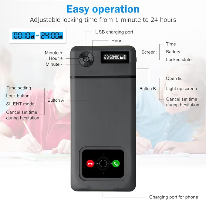 Phone Lock Box with Timer,Phone Lock Box,90 Days of Continuous Use,Quiet Mode,2 Charging Ports,Excessive Games,Mobile Phone Addiction