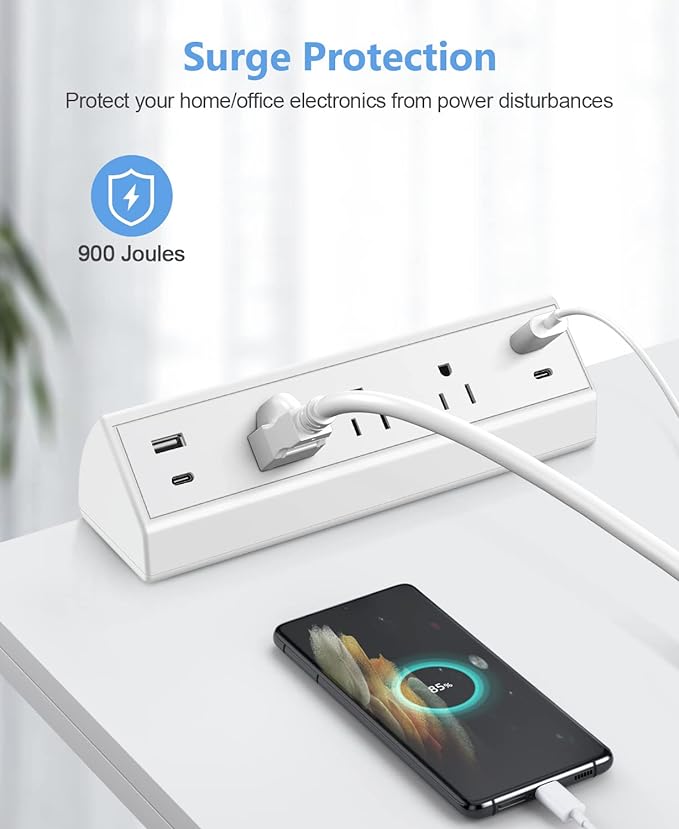 Desk Clamp Power Strip,40W Fast Charging Station,Desktop Mount Surge Protector,2 PD 20W USB C Ports,3 Outlets for Home,Office,Fit 1.9" Tabletop Edge (White, 3 Outlets & 4 USB Ports & 20 FT Cable)