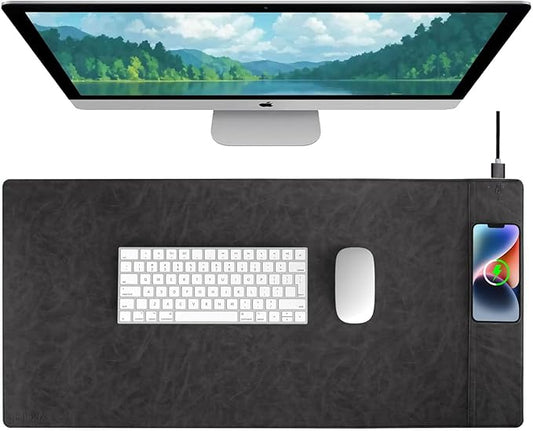 Magnetic Wireless Charging Desk Pad, Office Desk Mat with Wireless Charger, Waterproof and Scratch-Resistant Large Mouse Mat, Microfiber Leather Mouse Pad for Office and Home Use,Grey Color