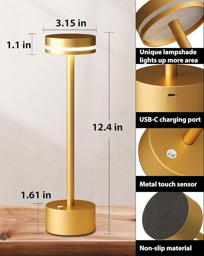 Modern LED Rechargeable Cordless Table Lamp with Touch Sensor, Aluminum Shell, 4000mAh Certified Battery, 3 Levels Brightness, USB-C Charging Port, 3000K Portable Metal Bedside Lamp (Gold)