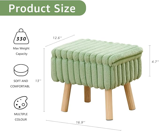Wimarsbon Storage Ottoman,Soft Faux fur Footstool with Padded Seat, Small Reading Vanity Chair, Footrest with Wood Tray for Couch, Mini Coffee Table or Display Stand (Light Green, Rectangular Storage)