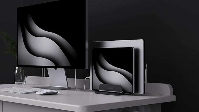 Dual Aluminum Vertical Laptop Stand Organizer, Sturdy Notebook Computer Holder Stand Compatible with New Liquid Retina XDR Apple MacBook Air/Pro, Mac mini and iPad Pro - Black